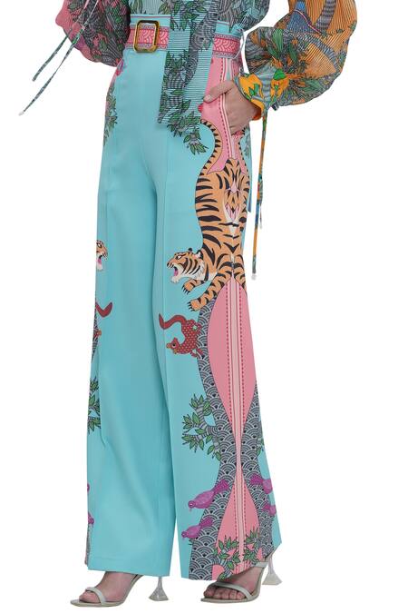 Shop Limerick By Abirr N' Nanki Blue Embroidery Designer Printed Pants With Belt Online at Aza Fashions Shop_Limerick By Abirr N' Nanki_Blue Embroidery Designer Printed Pants With Belt _Online_at_Aza_Fashions