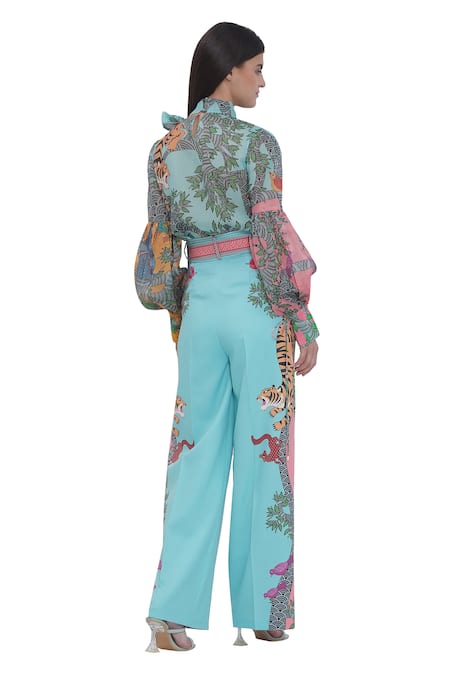 Shop Limerick By Abirr N' Nanki Blue Embroidery Designer Printed Pants With Belt at Aza Fashions Shop_Limerick By Abirr N' Nanki_Blue Embroidery Designer Printed Pants With Belt _at_Aza_Fashions