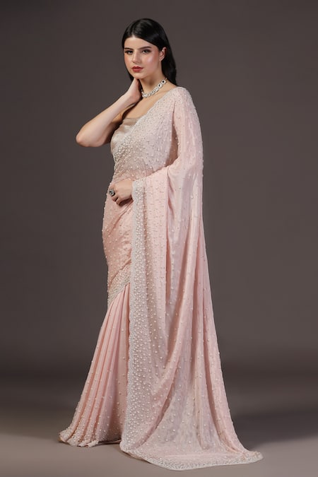 Buy_Two Sisters By Gyans_Pink Chiffon Beads Designer Classic Saree Set _Online_at_Aza_Fashions