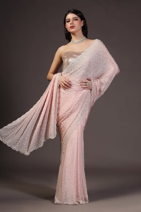 Shop_Two Sisters By Gyans_Pink Chiffon Beads Designer Classic Saree Set _Online_at_Aza_Fashions
