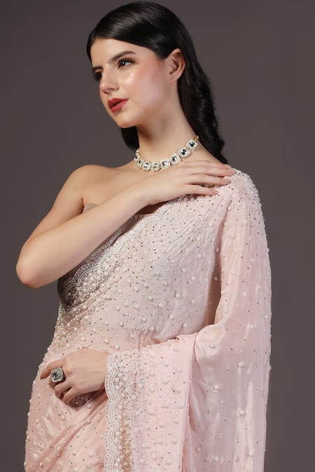 Two Sisters By Gyans_Pink Chiffon Beads Designer Classic Saree Set _at_Aza_Fashions