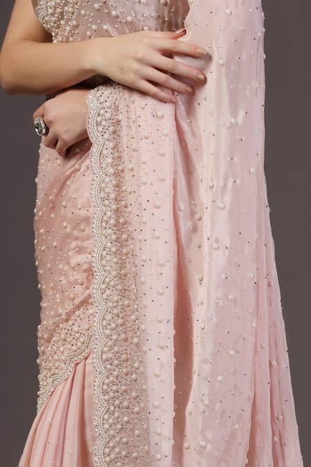 Shop_Two Sisters By Gyans_Pink Chiffon Beads Designer Classic Saree Set 