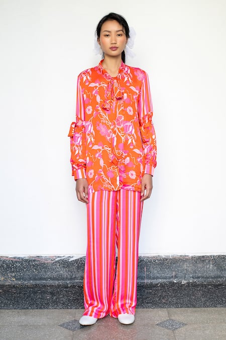 LAHARIO Orange Tie-up Collar Top And Striped Pant Set at Aza Fashions LAHARIO_Orange Tie-up Collar Top And Striped Pant Set _at_Aza_Fashions