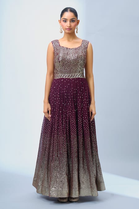 Samyukta Singhania_Wine Georgette, Net Sequins, Embroidery Scoop Neck Anarkali With Dupatta _Online_at_Aza_Fashions