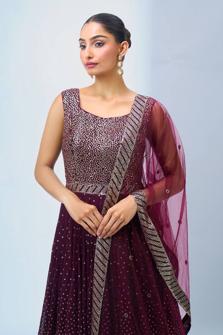 Buy_Samyukta Singhania_Wine Georgette, Net Sequins, Embroidery Scoop Neck Anarkali With Dupatta _Online_at_Aza_Fashions