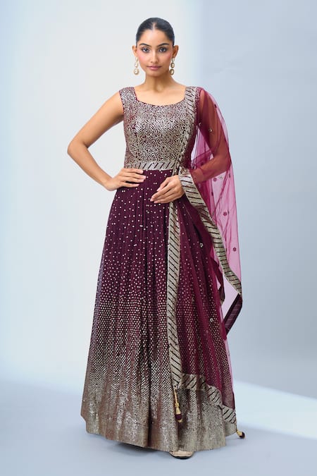 Shop_Samyukta Singhania_Wine Georgette, Net Sequins, Embroidery Scoop Neck Anarkali With Dupatta _Online_at_Aza_Fashions