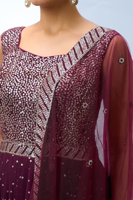 Samyukta Singhania_Wine Georgette, Net Sequins, Embroidery Scoop Neck Anarkali With Dupatta _at_Aza_Fashions