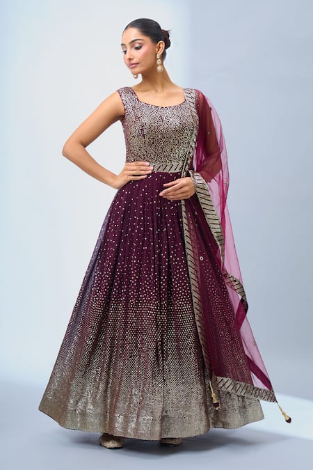 Buy_Samyukta Singhania_Wine Georgette, Net Sequins, Embroidery Scoop Neck Anarkali With Dupatta 