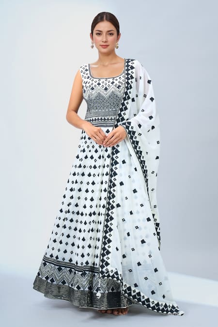 Samyukta Singhania White Geometric Print Anarkali Set 