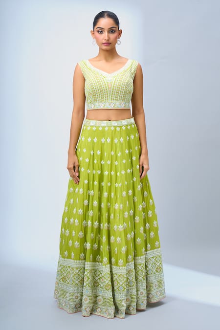 Samyukta Singhania_Green Georgette, Net Embroidery V-neck Classic Lehenga Set _Online_at_Aza_Fashions