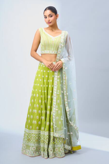Buy_Samyukta Singhania_Green Georgette, Net Embroidery V-neck Classic Lehenga Set _Online_at_Aza_Fashions