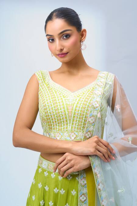 Shop_Samyukta Singhania_Green Georgette, Net Embroidery V-neck Classic Lehenga Set _Online_at_Aza_Fashions