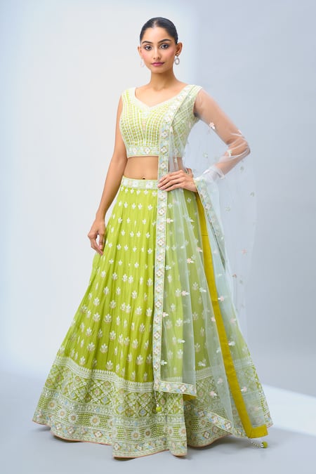 Samyukta Singhania_Green Georgette, Net Embroidery V-neck Classic Lehenga Set _at_Aza_Fashions
