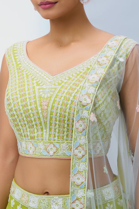 Buy_Samyukta Singhania_Green Georgette, Net Embroidery V-neck Classic Lehenga Set 