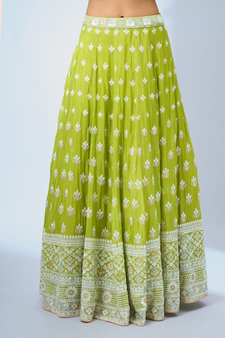 Shop_Samyukta Singhania_Green Georgette, Net Embroidery V-neck Classic Lehenga Set 