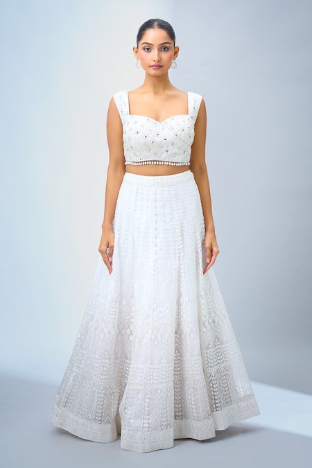 Samyukta Singhania_White Sequins, Embroidery Sweetheart Neck Lehenga Set _Online_at_Aza_Fashions