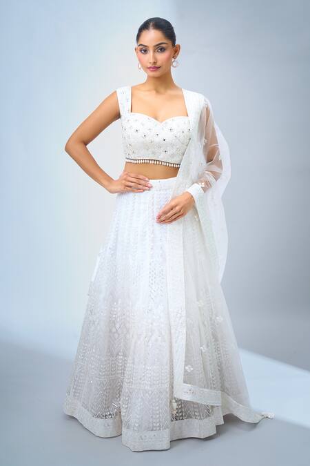 Buy_Samyukta Singhania_White Sequins, Embroidery Sweetheart Neck Lehenga Set _Online_at_Aza_Fashions