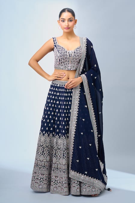 Buy_Samyukta Singhania_Navy Georgette Embroidery Blue Lehenga Set _Online_at_Aza_Fashions