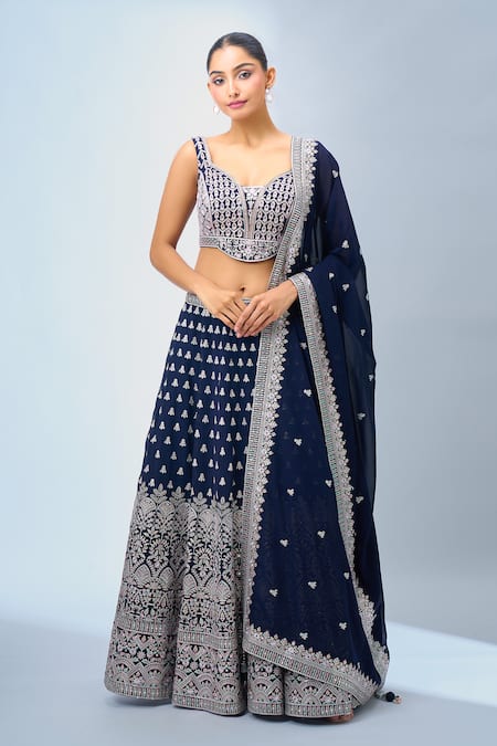Samyukta Singhania_Navy Georgette Embroidery Blue Lehenga Set _at_Aza_Fashions