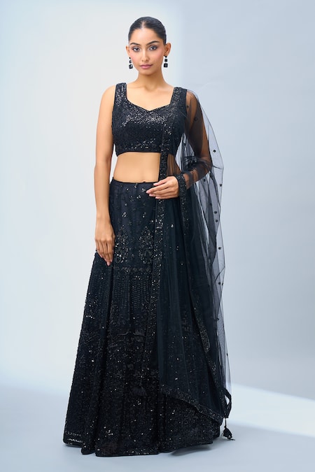 Samyukta Singhania_Black Net Sequins, Beads Round Neck Embellished Lehenga Set _Online_at_Aza_Fashions