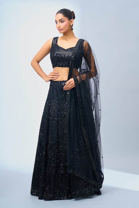 Buy_Samyukta Singhania_Black Net Sequins, Beads Round Neck Embellished Lehenga Set _Online_at_Aza_Fashions