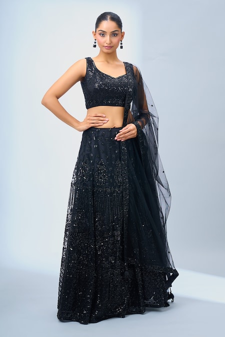 Shop_Samyukta Singhania_Black Net Sequins, Beads Round Neck Embellished Lehenga Set _Online_at_Aza_Fashions