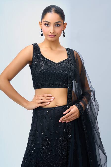 Buy_Samyukta Singhania_Black Net Sequins, Beads Round Neck Embellished Lehenga Set 