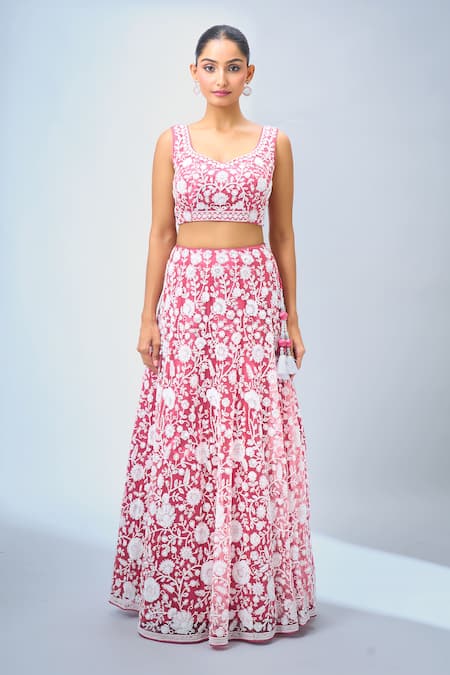 Samyukta Singhania Pink Georgette, Net Tassels, Embroidery Floral Lehenga Set Online at Aza Fashions Samyukta Singhania_Pink Georgette, Net Tassels, Embroidery Floral Lehenga Set _Online_at_Aza_Fashions