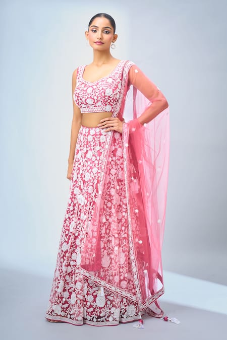 Buy Samyukta Singhania Pink Georgette, Net Tassels, Embroidery Floral Lehenga Set Online at Aza Fashions Buy_Samyukta Singhania_Pink Georgette, Net Tassels, Embroidery Floral Lehenga Set _Online_at_Aza_Fashions