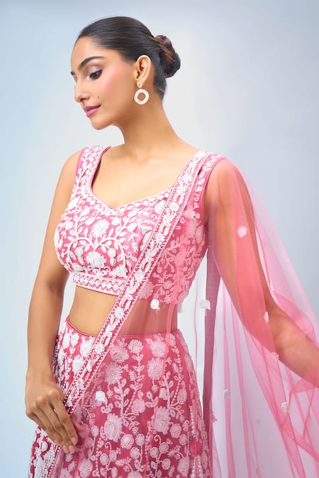 Shop Samyukta Singhania Pink Georgette, Net Tassels, Embroidery Floral Lehenga Set Online at Aza Fashions Shop_Samyukta Singhania_Pink Georgette, Net Tassels, Embroidery Floral Lehenga Set _Online_at_Aza_Fashions