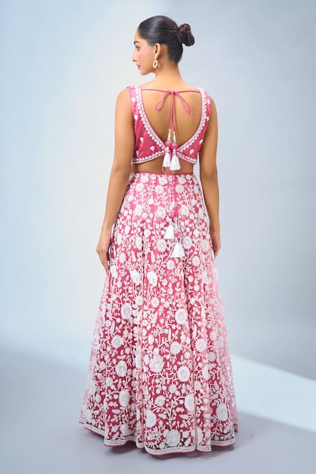 Shop Samyukta Singhania Pink Georgette, Net Tassels, Embroidery Floral Lehenga Set at Aza Fashions Shop_Samyukta Singhania_Pink Georgette, Net Tassels, Embroidery Floral Lehenga Set _at_Aza_Fashions