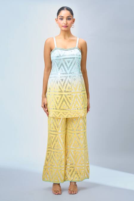 Buy_Samyukta Singhania_Yellow Georgette, Chiffon Sequins Geometric Print Kurta Set With Dupatta _Online_at_Aza_Fashions