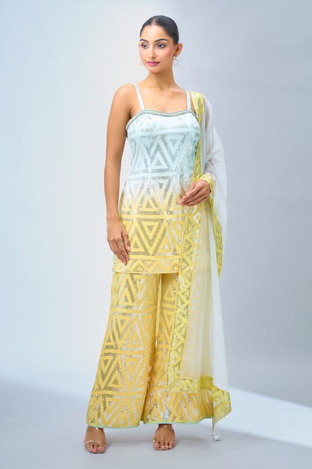 Shop_Samyukta Singhania_Yellow Georgette, Chiffon Sequins Geometric Print Kurta Set With Dupatta _Online_at_Aza_Fashions