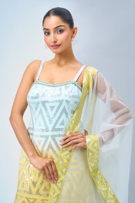 Buy_Samyukta Singhania_Yellow Georgette, Chiffon Sequins Geometric Print Kurta Set With Dupatta 