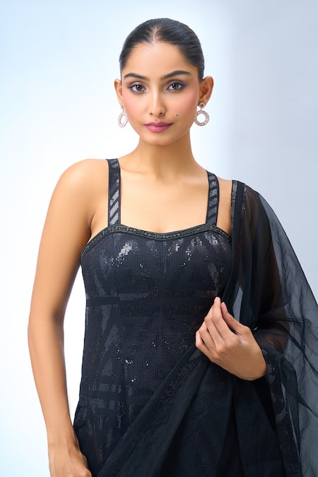 Samyukta Singhania Black Cotton, Organza Sequins Kurta And Palazzo Set at Aza Fashions Samyukta Singhania_Black Cotton, Organza Sequins Kurta And Palazzo Set _at_Aza_Fashions