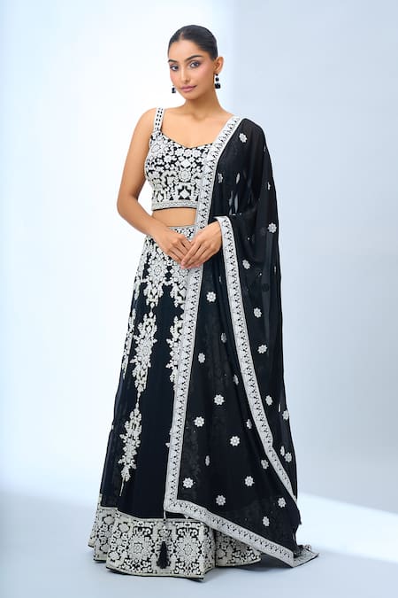 Samyukta Singhania Black Georgette Embroidery Sweetheart Neck Classic Lehenga Set Online at Aza Fashions Samyukta Singhania_Black Georgette Embroidery Sweetheart Neck Classic Lehenga Set _Online_at_Aza_Fashions