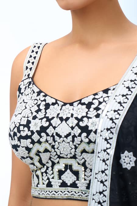 Shop Samyukta Singhania Black Georgette Embroidery Sweetheart Neck Classic Lehenga Set Online at Aza Fashions Shop_Samyukta Singhania_Black Georgette Embroidery Sweetheart Neck Classic Lehenga Set _Online_at_Aza_Fashions
