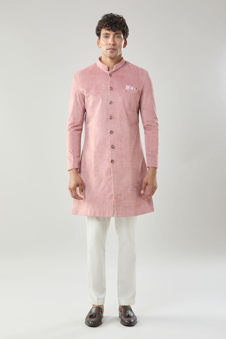 Arihant Rai Sinha_Pink Swad Velvet Semi Indo Sherwani Set _Online_at_Aza_Fashions