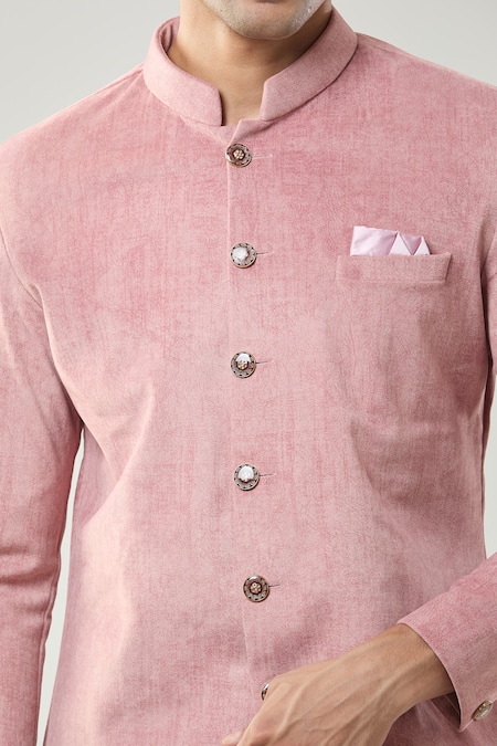 Buy_Arihant Rai Sinha_Pink Swad Velvet Semi Indo Sherwani Set _Online_at_Aza_Fashions