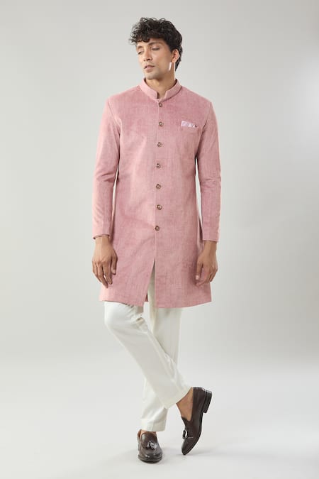 Shop_Arihant Rai Sinha_Pink Swad Velvet Semi Indo Sherwani Set _Online_at_Aza_Fashions