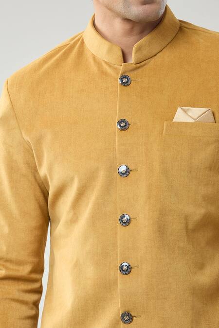 Arihant Rai Sinha_Yellow Swad Velvet Sherwani And White Pollo Pant _Online_at_Aza_Fashions