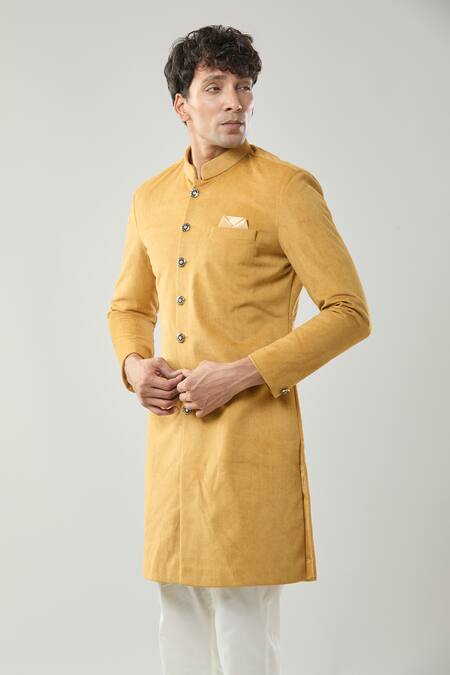 Buy_Arihant Rai Sinha_Yellow Swad Velvet Sherwani And White Pollo Pant _Online_at_Aza_Fashions