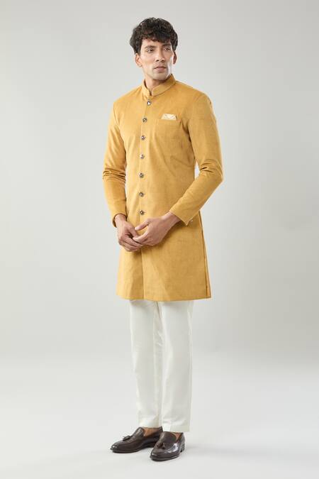 Shop_Arihant Rai Sinha_Yellow Swad Velvet Sherwani And White Pollo Pant _Online_at_Aza_Fashions