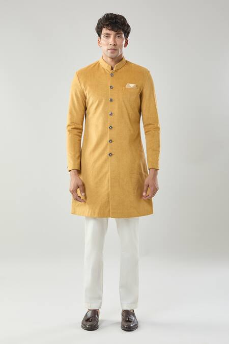 Arihant Rai Sinha_Yellow Swad Velvet Sherwani And White Pollo Pant _at_Aza_Fashions