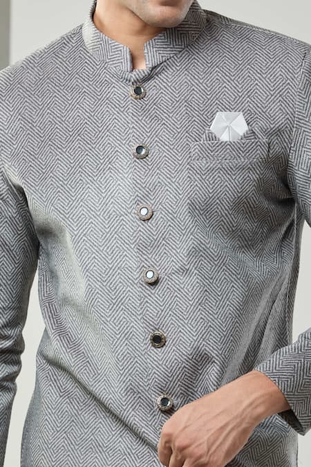 Arihant Rai Sinha_Gray Grey Swad Velvet Semi Indo Sherwani Set _Online_at_Aza_Fashions