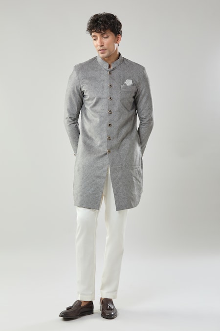 Buy_Arihant Rai Sinha_Gray Grey Swad Velvet Semi Indo Sherwani Set _Online_at_Aza_Fashions
