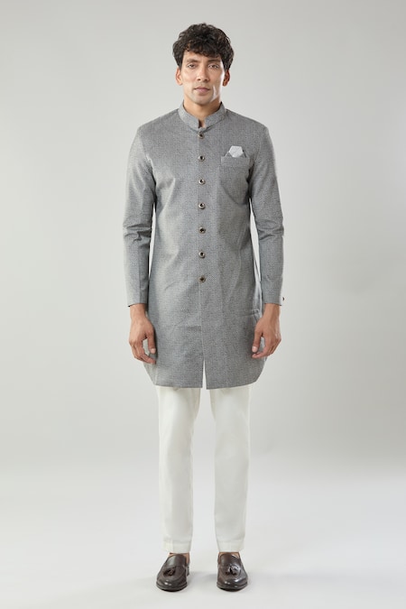 Shop_Arihant Rai Sinha_Gray Grey Swad Velvet Semi Indo Sherwani Set _Online_at_Aza_Fashions