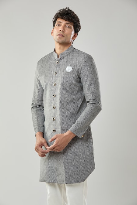 Arihant Rai Sinha_Gray Grey Swad Velvet Semi Indo Sherwani Set _at_Aza_Fashions