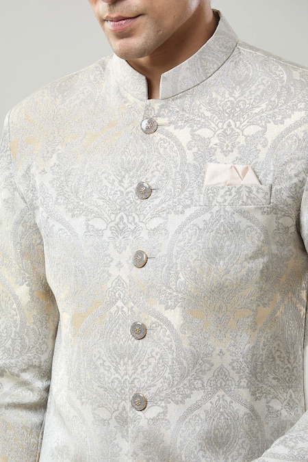 Arihant Rai Sinha_Gold And Grey Woven Jacquard Sherwani Set _Online_at_Aza_Fashions