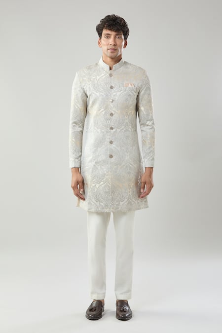 Buy_Arihant Rai Sinha_Gold And Grey Woven Jacquard Sherwani Set _Online_at_Aza_Fashions